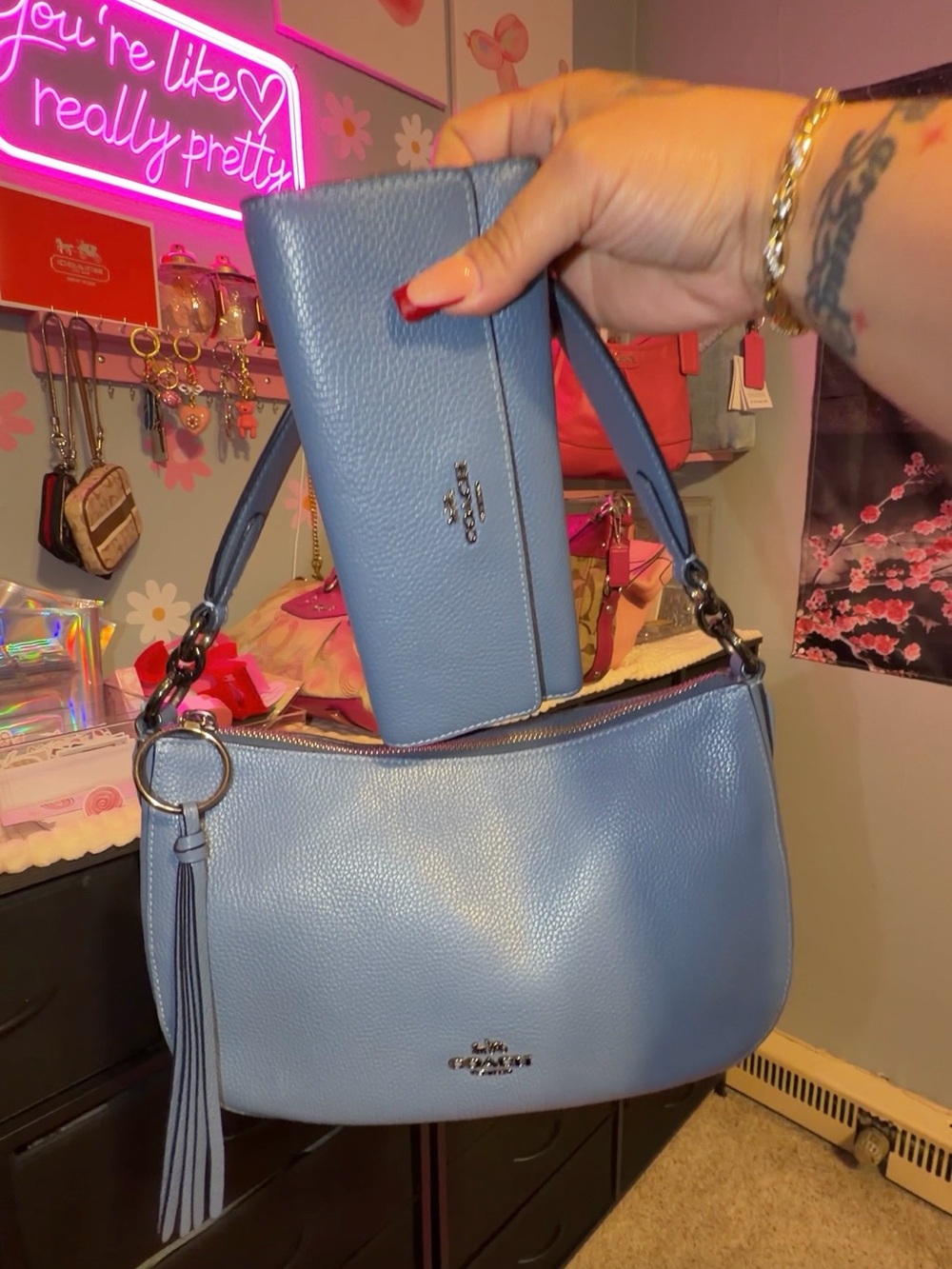 Coach Dusty Blue Pebbled Leather Shoulder Bag with Matching Wallet